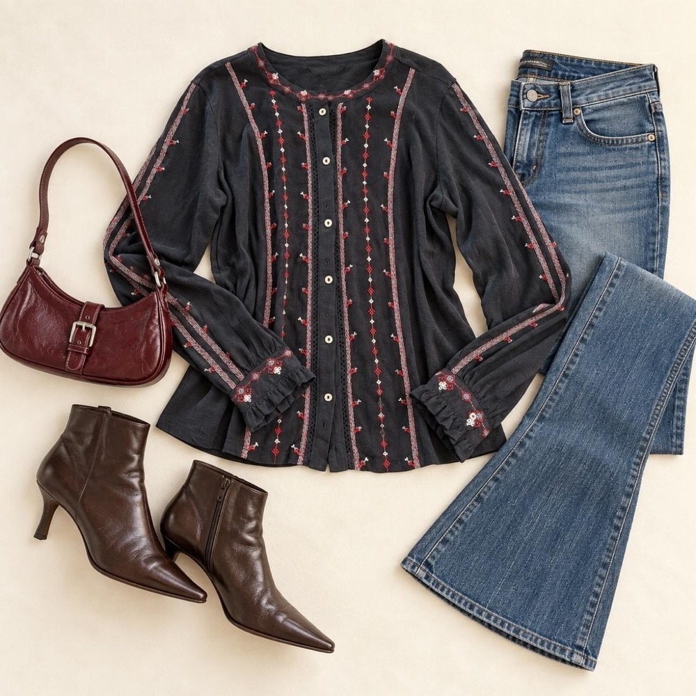 Lucky Brand embroidered boho button down blouse size Small .